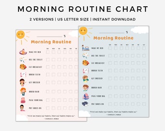 Kids Morning Routine Chart Printable, Morning Checklist for boys and girls with pictures, Chore Chart For Kids, Responsibility Chart Weekly