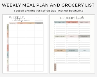 Minimalist Weekly Meal and Grocery List Printable Planner for Instant Download | Meal Prep Tracker PDF| Meal Planner with Grocery List Notes
