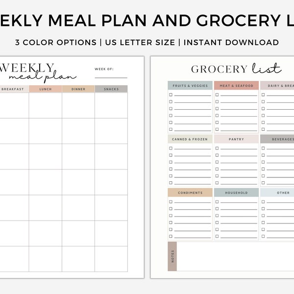 Minimalist Weekly Meal and Grocery List Printable Planner for Instant Download | Meal Prep Tracker PDF| Meal Planner with Grocery List Notes