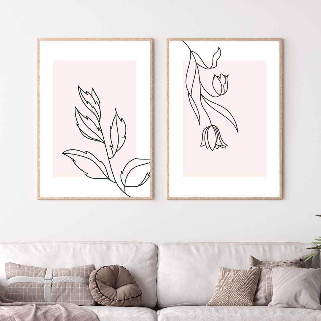 Botanical Line Wall Art Printable, Gallery Wall Set of 2, Black and ...