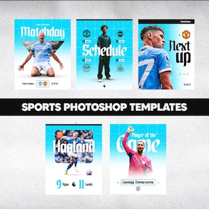Könnte beinhalten: Eine Sammlung von Photoshop-Vorlagen zum Thema Sport mit hellblauem Hintergrund. Die Vorlagen zeigen Spielerbilder, Teamlogos und Texte wie "Matchday", "Schedule" und "Next Up". Der Text "SPORTS PHOTOSHOP TEMPLATES" ist ebenfalls sichtbar.