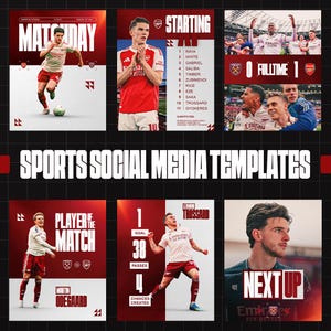 Peut inclure: Ensemble de modèles de médias sociaux sportifs rouges et blancs. Les modèles incluent des graphiques pour les jours de match, les compositions de départ, les scores finaux, le joueur du match, les statistiques de buts et les prochains matchs.