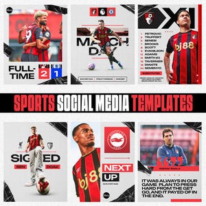 May include: A collection of sports social media templates featuring soccer players and match details. The designs include team logos, player names, and game scores. The color scheme is primarily red and black, with white accents.
