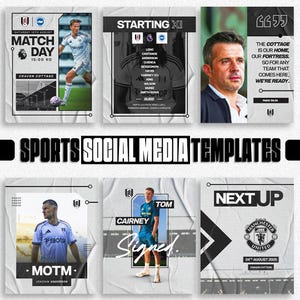 Puede incluir: Un conjunto de plantillas de redes sociales deportivas, con anuncios de partidos, alineaciones iniciales y perfiles de jugadores. Los diseños utilizan colores e imágenes del equipo, con superposiciones de texto.