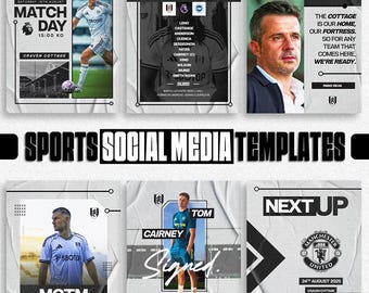 May include: A collection of sports social media templates. The templates feature match day announcements, starting lineups, player profiles, and team logos. Each design incorporates team colors and imagery, with text overlays.
