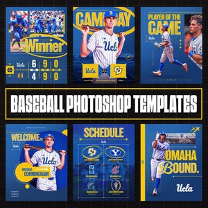 Può includere: Una collezione di modelli Photoshop a tema baseball nei toni del blu e dell'oro. I design includono grafiche per il giorno della partita, ritratti di giocatori, tabelloni segnapunti e calendari delle squadre. Il testo include "Winner", "Game Day", "Player of the Game", "Welcome To", "Omaha Bound".