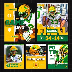 May include: A collection of six graphic designs promoting a football game. The designs feature players in green and yellow uniforms, helmets, and the team logo. Text includes "GAME DAY," "FINAL SCORE," and player names.