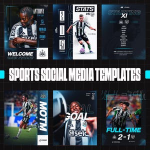 Puede incluir: Una colección de plantillas para redes sociales deportivas con jugadores de fútbol del Newcastle United en camisetas blancas y negras. Los gráficos incluyen perfiles de jugadores, estadísticas de partidos, alineaciones y resultados con texto.