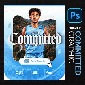 Op de afbeelding: Een digitaal grafisch sjabloon met een basketbalspeler in een lichtblauw North Carolina shirt. De tekst luidt Committed, Seth Trimble, 22yrs, 1.9m en Guard. De achtergrond toont een berglandschap met een kronkelende weg en een Photoshop-pictogram.