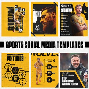 Puede incluir: Un conjunto de plantillas de redes sociales deportivas en amarillo y negro. Las plantillas presentan jugadores de fútbol, logotipos de equipos y detalles de partidos. El texto incluye "Matchday", "Next Up" y "Fixtures".