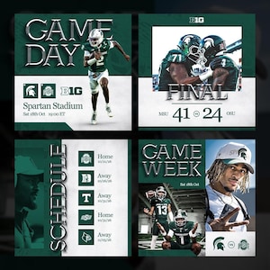 Könnte beinhalten: Vierteilige Grafik mit Football-Thema. Enthält die Texte "GAME DAY" und "GAME WEEK", Teamlogos und Spielerbilder. Das Endergebnis wird als MSU 41 gegen OSU 24 angezeigt. Ein Zeitplan wird ebenfalls angezeigt.