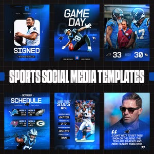 Op de afbeelding: Een verzameling digitale social media sjablonen voor sport met blauw getinte afbeeldingen, beelden van footballspelers, wedstrijdaankondigingen, speelschema's, spelersstatistieken en citaatlay-outs met de tekst Sports Social Media Templates.