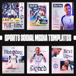Pode incluir: Um conjunto de modelos de mídia social esportivos com jogadores de futebol. Os designs incluem as palavras "Full-time", "motm", "Starting Eleven", "Matchday", "Signed" e "Next Up". Os modelos usam uma paleta de cores branca, azul marinho e vermelha.