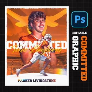 Può includere: Grafica con un giocatore di football americano in uniforme arancione, con la scritta "COMMITTED Texas Longhorns" e il nome "Parker Livingstone". Il design ha una combinazione di colori arancione e bianco con uno sfondo di stadio.