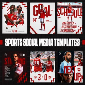 Puede incluir: Una colección de plantillas digitales para redes sociales deportivas con jugadores de fútbol del Arsenal en uniformes rojos y blancos. Los gráficos incluyen textos como GOAL, SCHEDULE, STARTING y NEXT UP, junto con logotipos de equipos.