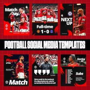 Puede incluir: Un conjunto de plantillas de redes sociales de fútbol con fondos rojos y negros. Las plantillas incluyen anuncios del día del partido, resultados a tiempo completo y momentos destacados de los jugadores. El texto incluye "Match Day", "Full-time" y "Player of the Match".
