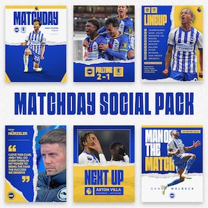 May include: A collection of social media graphics for a soccer match. The graphics feature players in blue and white uniforms, team logos, and text such as "Matchday," "Lineup," and "Next Up." The overall design is blue and yellow.