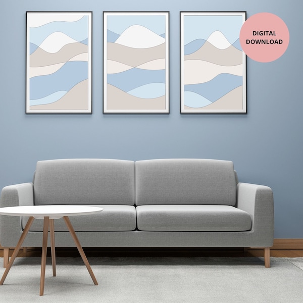 Scandinavian Modern Minimal Wall Art Set Of 3. Abstract Nordic Mountains Mid Century Neutral Printable Living Room Decor. DIGITAL DOWNLOAD.