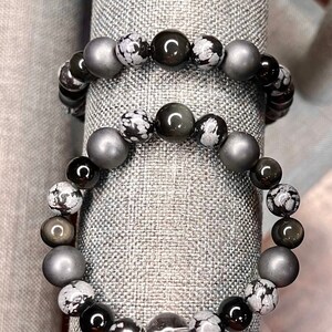 Snowflake obsidian, golden obsidian, and matte hematite stretch bracelet (8 mm and 10 mm)