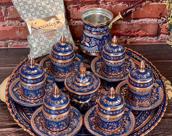 Ensemble de 6 cafés turcs en cuivre faits main, ensemble cadeau café en cuivre, ensemble café traditionnel, cadeau de pendaison de crémaillère, décoration d'intérieur