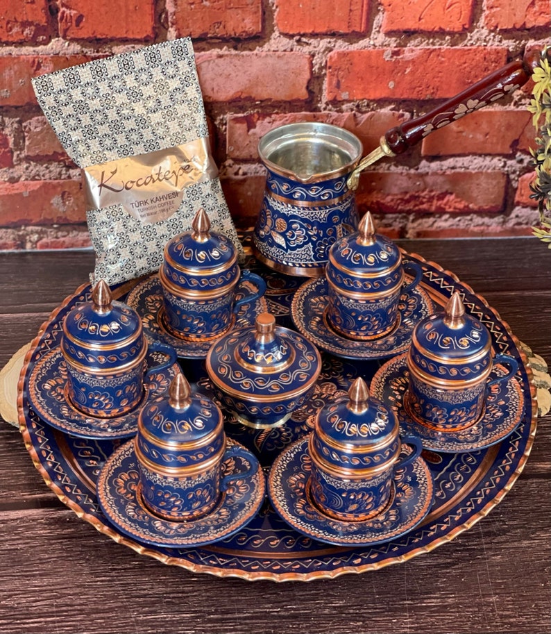 Handmade Copper Turkish Coffee Set of 6, Copper Coffee Gift Set, Traditional Coffee Set, Housewarming Gift, Home Decor image 1