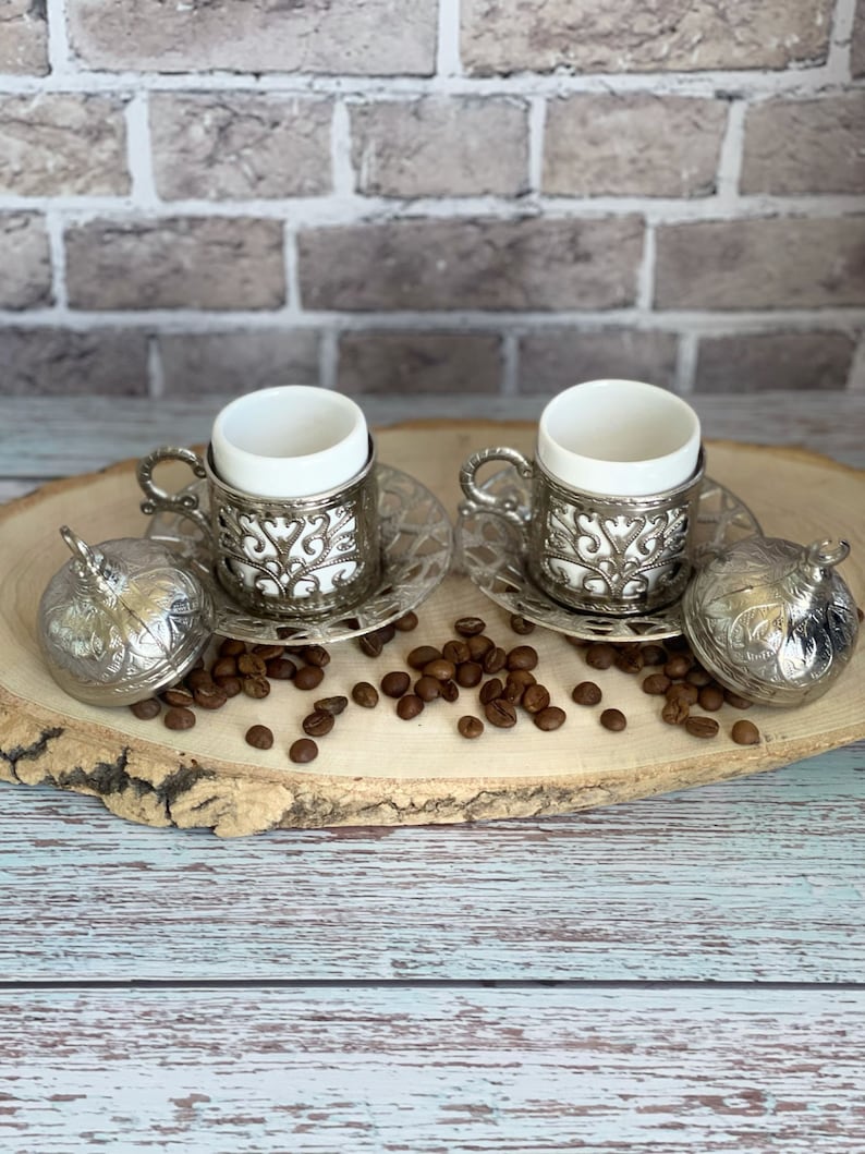 Handmade Turkish Coffee Set of 2, Traditional Coffee Set, Copper/Zamak Coffee Gift Set, Espresso Set, Housewarming Gift, Unique Home Gift image 3