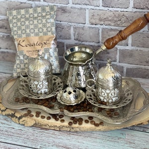 Handmade Turkish Coffee Set of 2, Traditional Coffee Set, Copper/Zamak Coffee Gift Set, Espresso Set, Housewarming Gift, Unique Home Gift image 1