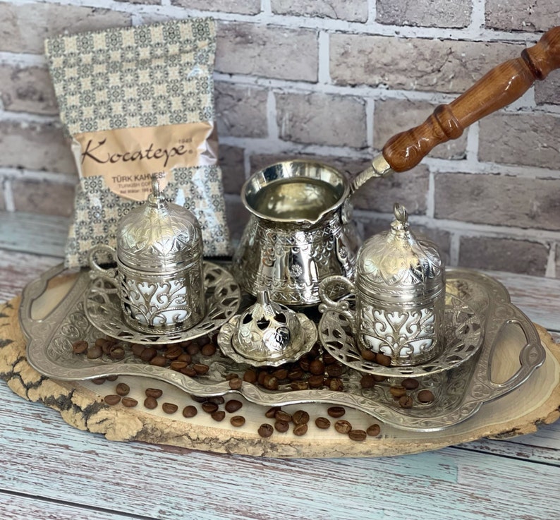 Handmade Turkish Coffee Set of 2, Traditional Coffee Set, Copper/Zamak Coffee Gift Set, Espresso Set, Housewarming Gift, Unique Home Gift image 1