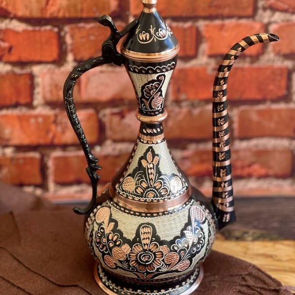 Aftaba en cuivre peint à la main, Aftaba en cuivre fait main, Arrosoir en cuivre, Pichet à eau en cuivre, Ibrik en cuivre, Ibrik turc traditionnel