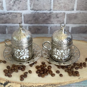 Handmade Turkish Coffee Set of 2, Traditional Coffee Set, Copper/Zamak Coffee Gift Set, Espresso Set, Housewarming Gift, Unique Home Gift image 2