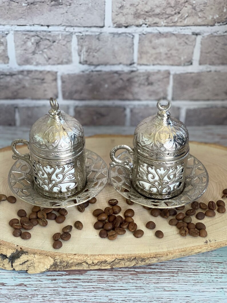 Handmade Turkish Coffee Set of 2, Traditional Coffee Set, Copper/Zamak Coffee Gift Set, Espresso Set, Housewarming Gift, Unique Home Gift image 2