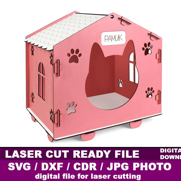 Cat House Piani vettoriali tagliati al laser File SVG Pet House Download istantaneo del modello cnc taglio laser / SVG, DXF / cdr