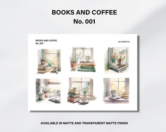 Books and Coffee Sticker Sheet, Planner Stickers, Decorative Stickers, Bullet Journal Sticker, Matte & Transparent Stickers | No. 001