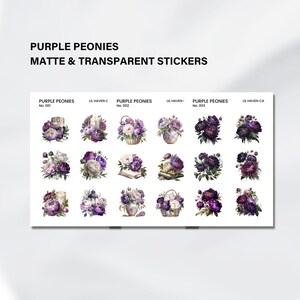 Purple Peonies Flowers Sticker Sheet, Minimalistic Botanical Stickers, Planner Stickers, Bullet Journal Sticker, Matte & Transparent Sticker