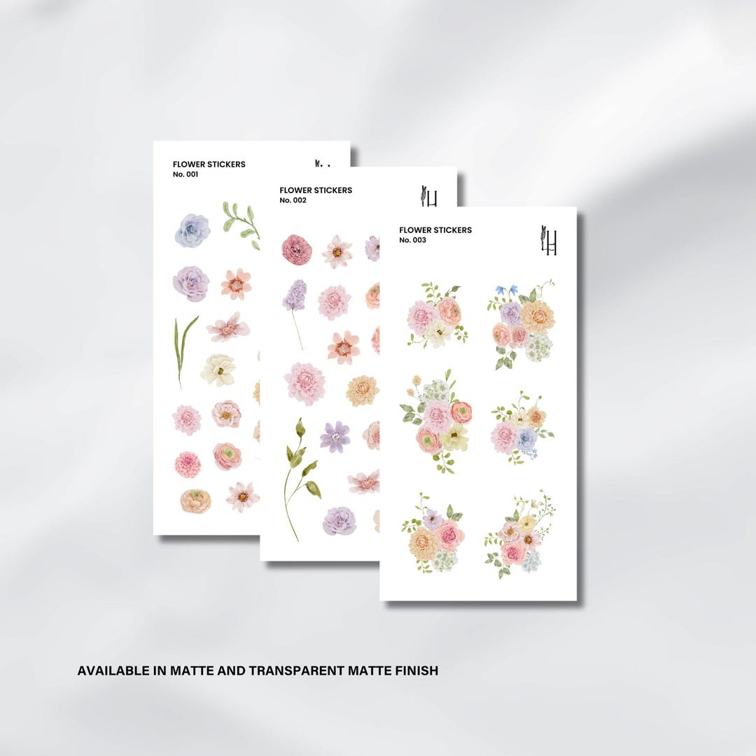 Flower Stickers Set - Cute Pastel Floral Sticker Sheet, Minimalistic ...