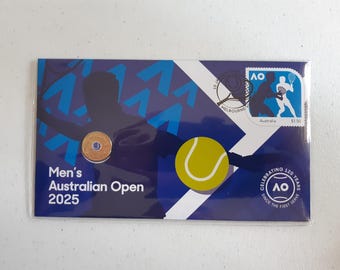 Moneda de Australia, sello 2025, sobre, Rey Carlos III, nueva moneda de 2 dólares del Abierto de Australia de tenis masculino, colección de edición limitada de PNC.