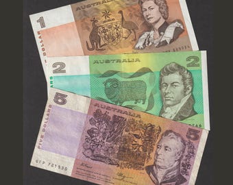 Billete australiano de papel de 1, 2 y 5 dólares, antiguo, descatalogado, histórico, con la efigie de la reina Isabel II. Pieza de colección, decorativa, en buen estado.