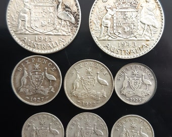 Monedas australianas de peniques y chelines predecimales, plata de ley 925, 1 onza de contenido, lote múltiple a granel.