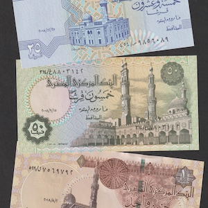 Zestaw 3 nieobiegowych banknotów egipskich Piastres 1 25 59, waluta kolekcjonerska, dekoracyjna, czysta, nieobiegowa