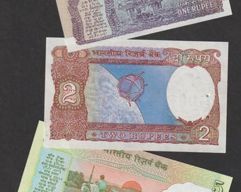 Rupia india, conjunto de 3 billetes sin circular, 1, 2 y 5, moneda coleccionable, decorativa, impecable, sin circular.