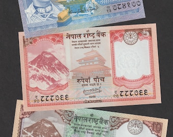 Rupia nepalí, conjunto de 3 billetes sin circular, 1, 5 y 10, moneda coleccionable, decorativa, sin circular.