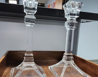 Pair of Crystal Glass Square Cut Tall Candle Stick Holders