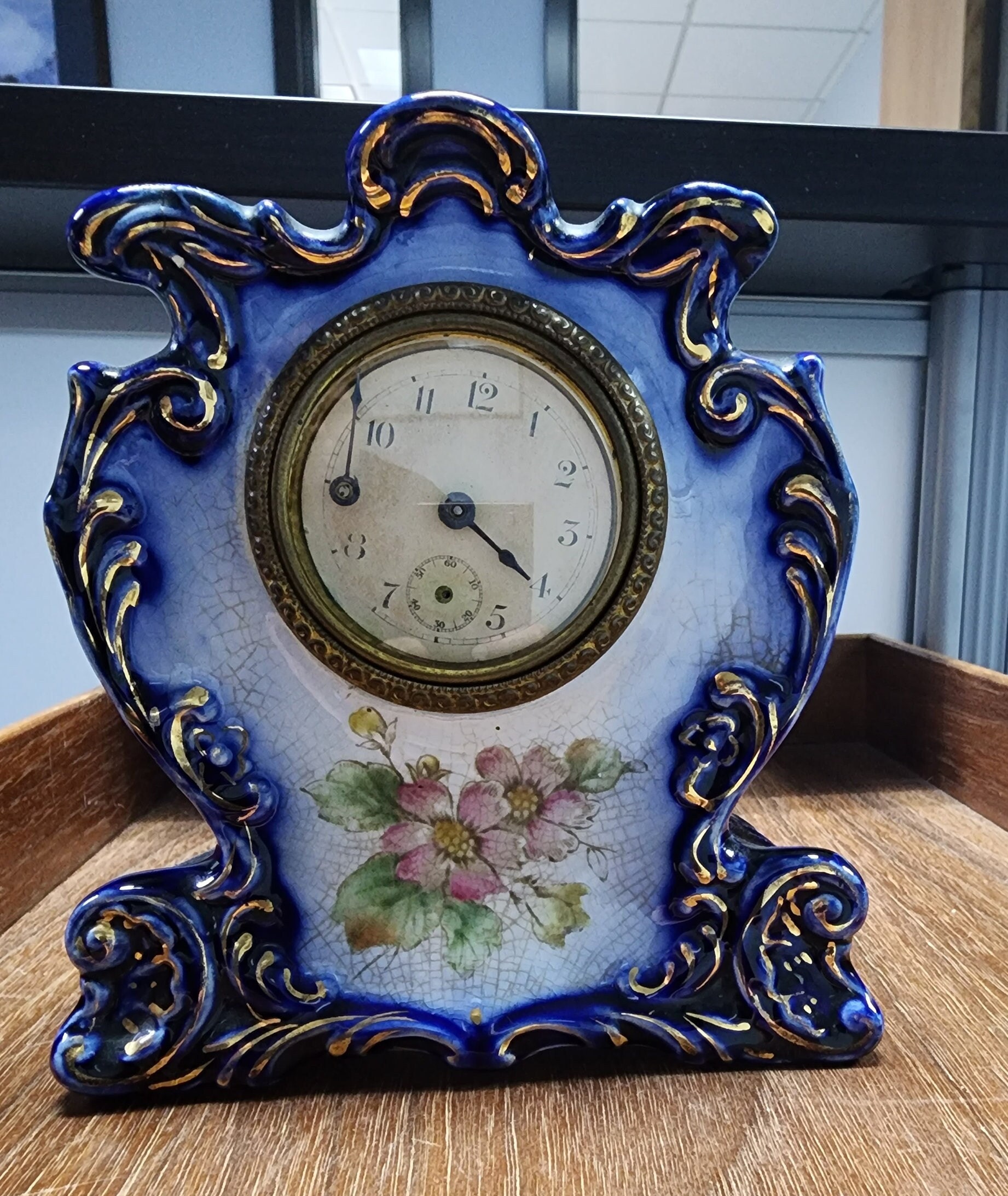 RARE Vintage 1895 Waterbury Clock Co Blue Scroll Ceramic Painted Mantle