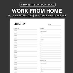 Druckbare Arbeit von zu Hause aus | Personal Tagesplaner, Täglicher Stundenplaner, Sofortiger Download Ausfüllbares PDF | A5/A4/Letter Größen