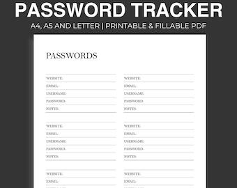 Druckvorlage Passwort Tracker: A4 A5 Letter Size (Ausfüllbare PDF)