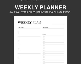 Planificador semanal minimalista imprimible: PDF rellenable, tamaño A4/A5/Carta (Descarga digital)