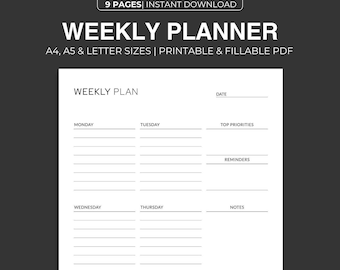 Planificador semanal minimalista imprimible: A4, A5, Carta (Descarga digital)