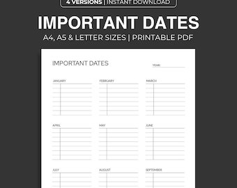 Fechas importantes del año imprimibles: Planificador PDF rellenable (A4/A5/Carta)