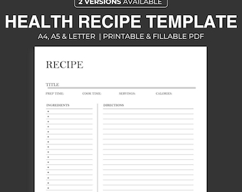 Plantilla de receta imprimible: Planificador de salud, Información nutricional (A4/A5/Carta)