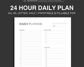 Planificador diario de 24 horas imprimible: Plantilla de bloqueo de tiempo (A4/A5/Carta PDF)